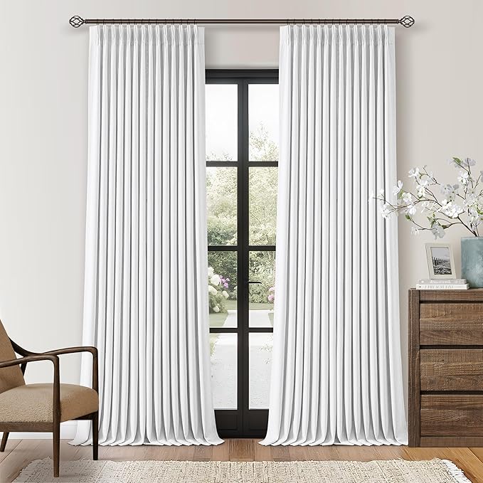 White Linen Blackout Pleated Curtains 90 Inches Long for Living Room Darkening Pinch Pleat 100% Black Out Drapes Thermal Insulated Soundproof Pure White 90 Inch Curtain Panel for Dining Bedroom