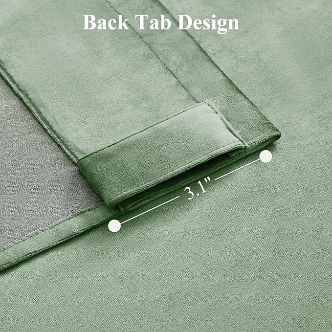 Sage Green Velvet Curtains 108 Inches Long for Bedroom, Luxury Room Darkening Thermal Insulated Blackout Curtains Luxury Window Drapes for Living Room, Back Tab Rod Pocket, W52 x L108, 2 Panels