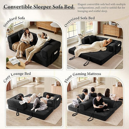 Boneless Couch Folding Couches for Living Room Sofa, Futon Sofa Bed with Sleeper Sofa, Futon Couch with Fixed-Shape Oversized Corduroy Upholstered (Black, 81 Inches)