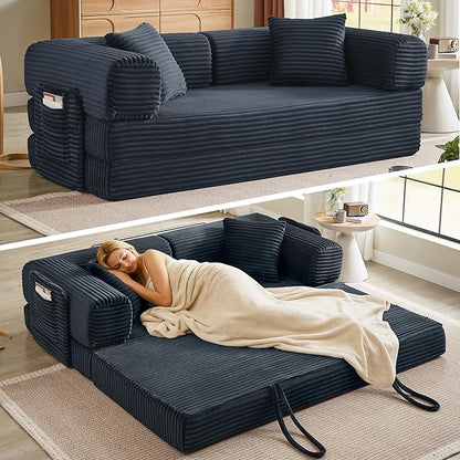 Boneless Couch Folding Couches for Living Room Sofa, Futon Sofa Bed with Sleeper Sofa, Futon Couch with Fixed-Shape Oversized Corduroy Upholstered (Dark Gray, 81 Inches)