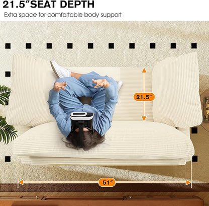 51" Loveseat Sleeper Sofa Bed, Corduroy Convertible Floor Sofa Bed for Small Spaces, Folding Couch Bed with Deep Seat, 2 Pillows & Solid Frame, Pull Out Floor Couch for Living Room, Beige