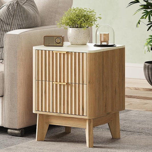Fluted Nightstand with Faux Marble Top,Modern End Table with Metal Handles,2 Storage Drawers Side Table, Bedside Table for Bedroom,Living Room, Curved Profile Design Furnitue, Natural Oak