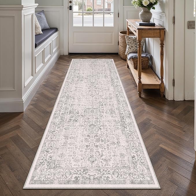 Gray Runner Rug 2'6"x12' Washable Carpet for Hallway Kitchen Vintage Distressed Non Slip Indoor Grey Retro Floral Bedroom Accent Throw Long Rug Bathroom Office Laundry Dining Living Room