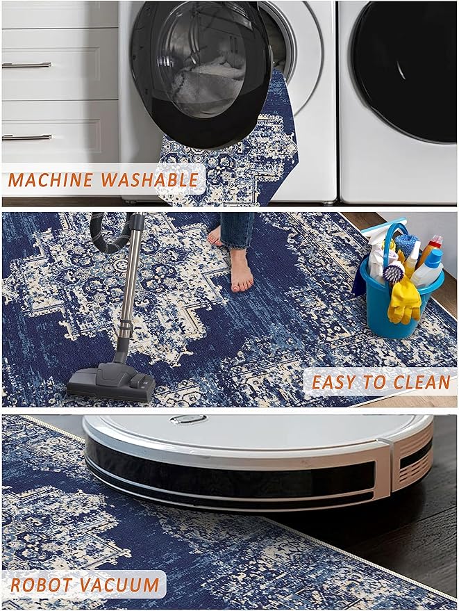 vivorug Runner Rug 2'x7' Machine Washable Non-Slip Runners for Hallways Kitchen Entryway Laundry Room Vintage-Inspired Carpet Hallway Runner Navy Blue