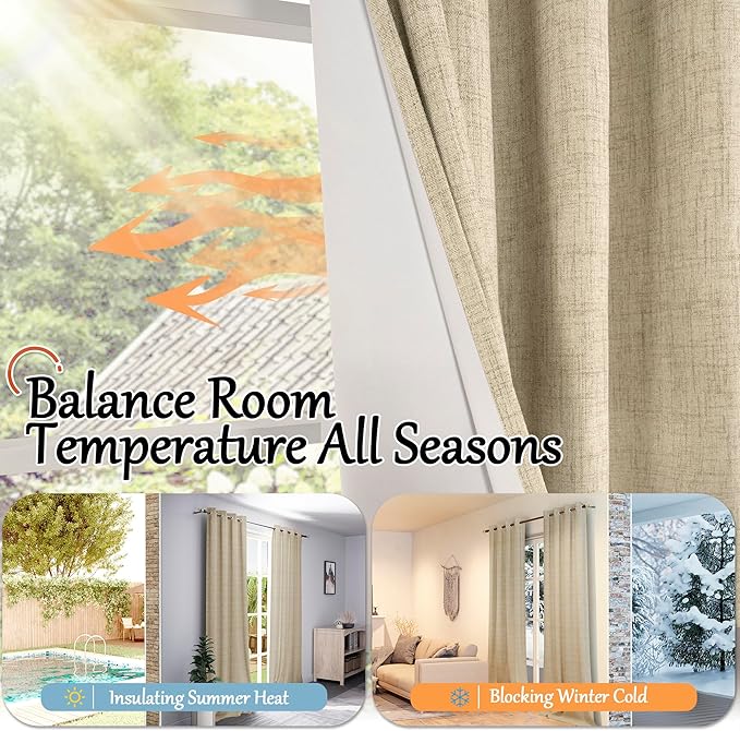 100% Blackout Curtains for Living Room/Bedroom 84 Inch Length 2 Panels Set, Thermal Insulated Bronze Grommet Boho Light Blocking Faux Linen Window Drapes White Liner, Each 52" Wide, Burlap