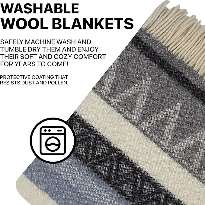 | Wool Blanket/Throw | 100% New Zealand Wool | Perfect for Home and Outdoors | Virgin Wool Throw with Fringes 67"x79" (170 x 200 cm)