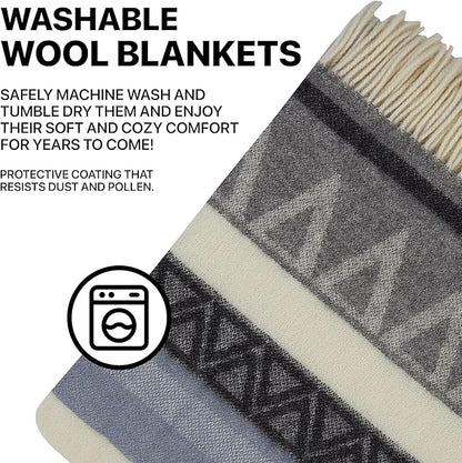 | Wool Blanket/Throw | 100% New Zealand Wool | Perfect for Home and Outdoors | Virgin Wool Throw with Fringes 75"x87" (190 x 220 cm)