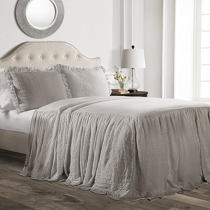 Lush Decor Ruffle Skirt Bedspread Set - 3-Piece Luxurious Farmhouse Bedding - Elegant Ruffle Detail - Timeless Style - Soft Lightweight Sheets - King, Grey