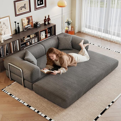 79" Convertible Sofa Bed, Corduroy Folding Pull Out Couch with Pillows, No Assembly Modern Boneless Couch Compression Sofa in Box, Floor Sofa with Support Rods for Living Room,Grey
