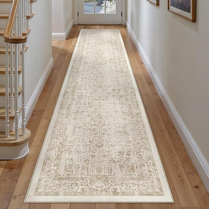 Light Brown Runner Rug 2x12 Hallway Machine Washable Kitchen Vintage Distressed Non Slip Long Carpet Indoor Retro Floral Bedroom Accent Throw Rug for Bathroom Office Laundry Dining Room