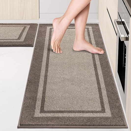 Kitchen Rugs Set (24" x 36"+24" x 60"), Non-Slip Machine Washable Kitchen Runner Rugs Floor Mats, Absorbent Comfort Standing Mats for Kitchen, Sink and Hallway, Rolled Packaging, Beige & Grayish Brown