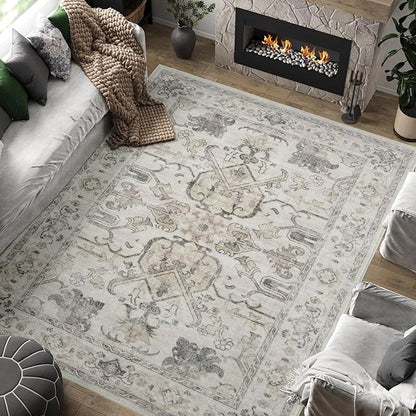 jinchan 8x10 Area Rugs for Living Room Washable Soft Throw Rug Ultra-Thin Stain Resistant Non-Slip Distressed Vintage Floral Large Carpet for Bedroom, Dining Room, Home Office, Nursery (8x10ft, Taupe)
