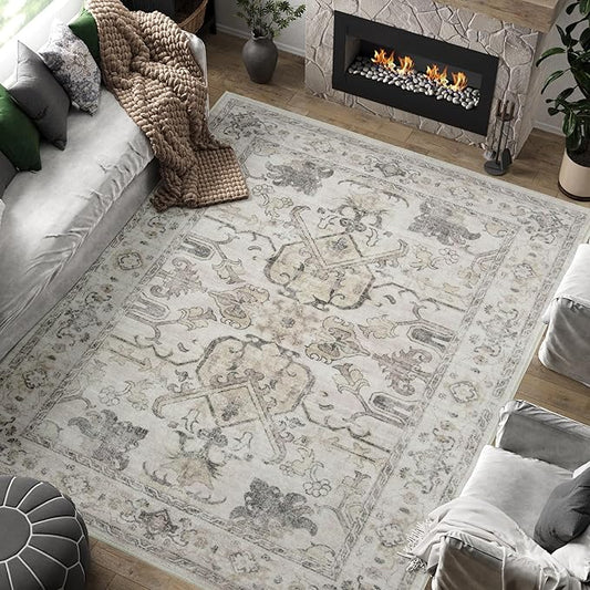 jinchan 8x10 Area Rugs for Living Room Washable Soft Throw Rug Ultra-Thin Stain Resistant Non-Slip Distressed Vintage Floral Large Carpet for Bedroom, Dining Room, Home Office, Nursery (8x10ft, Taupe)