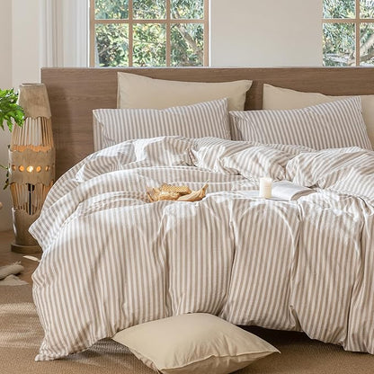 MooMee Striped Duvet Cover Set 100% Washed Cotton Linen Like Textured Breathable Durable Soft Comfy (Tannish Linen Grey White Classic Stripes, Oversized King Plus 128"x120")
