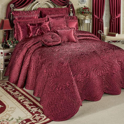 Touch of Class Portia Luxury Bedding | Rich Ruby Red | Premier Quilted Polyester Satin | Romantic Hand Guided Machine Quilted Scroll Design 3 Piece Set with Queen Bedspread and 2 Standard Shams