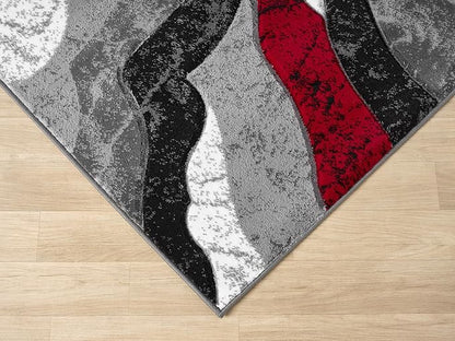 Modern Abstract Area Rug Hand Carved Contemporary Geometric Swirls Vibrant Colors Carpet for Living Room Bedroom Design PR1002 (Red, 8' x 10')