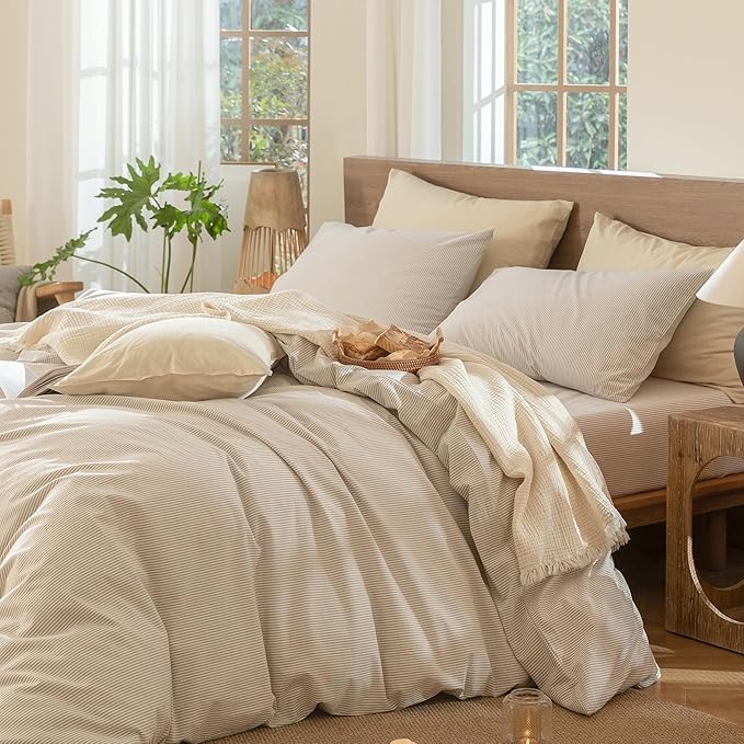 MooMee Striped Duvet Cover Set 100% Washed Cotton Linen Like Textured Breathable Durable Soft Comfy (Tannish Linen Grey White Pinstripes, Cal King 104"x98")