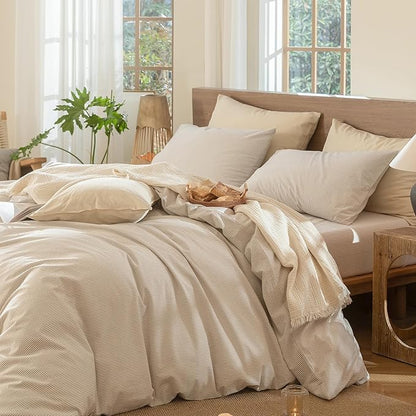 MooMee Striped Duvet Cover Set 100% Washed Cotton Linen Like Textured Breathable Durable Soft Comfy (Tannish Linen Grey White Pinstripes, Super King Plus 120"x120")