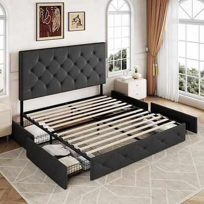 Allewie Upholstered Queen Size Platform Bed Frame with 4 Storage Drawers and Headboard, Diamond Stitched Button Tufted, Mattress Foundation with Wooden Slats Support, No Box Spring Needed, Dark Grey