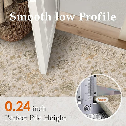 Beige 5x7 Area Rug Non Slip Vintage Living Room Distressed Machine Washable Carpet Retro Indoor Bedroom Floral Traditional Accent Throw Rug for Office Kitchen Dorm Dining Room
