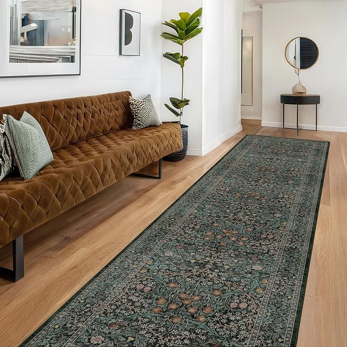 Dark Green Washable 3x12 Extra Long Runner Rug for Hallway Non Slip, Large Kitchen Indoor Floor Rugs for Entryway Hall Way Bedroom, Soft Stain Resistant Low Pile Vintage Floral Carpet