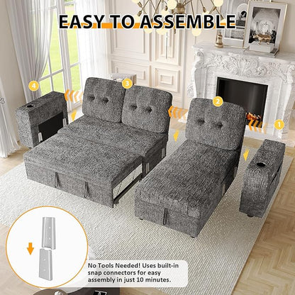 4 in 1 Sleeper Sofa Bed, 90 Inch Pull Out Couch Bed with Adjustable Backrest | Reversible Storage Chaise | Wide Armrest | Tool Free Assembly, Sectional Couches for Living Room, Grey Chenille