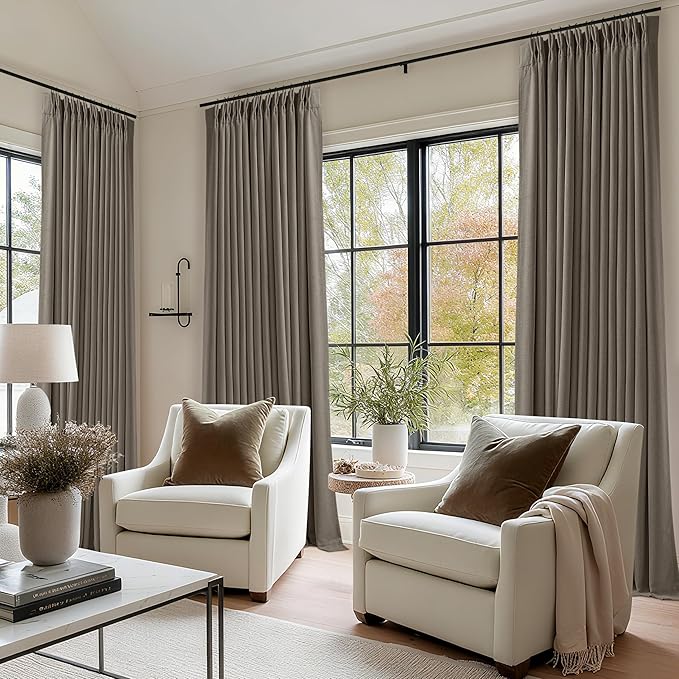 Dark Flax 100 Inch Blackout Pinch Pleated Curtains 2 Panel Set for Living Room Darkening Thick Linen Textured 100% Black Out Drapes 100 Inches Long Pinch Pleat Light Blocking Bedroom Taupe Gray