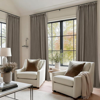 Dark Taupe 96 Inch Blackout Pinch Pleated Curtains 2 Panel Set for Living Room Darkening Thick Linen Textured 100% Black Out Drapes 96 Inches Long Pinch Pleat Light Blocking Bedroom Brownish Gray