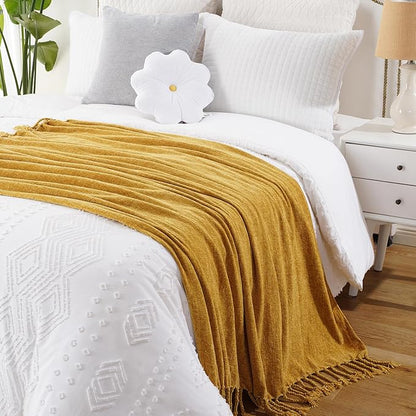 BATTILO HOME Mustard Yellow Throw Blanket for Couch Bed Sofa, Yellow Gold Chenille Throw for Spring Summer, Lightweight Knit Blanket for Home Decor, 50"x60"