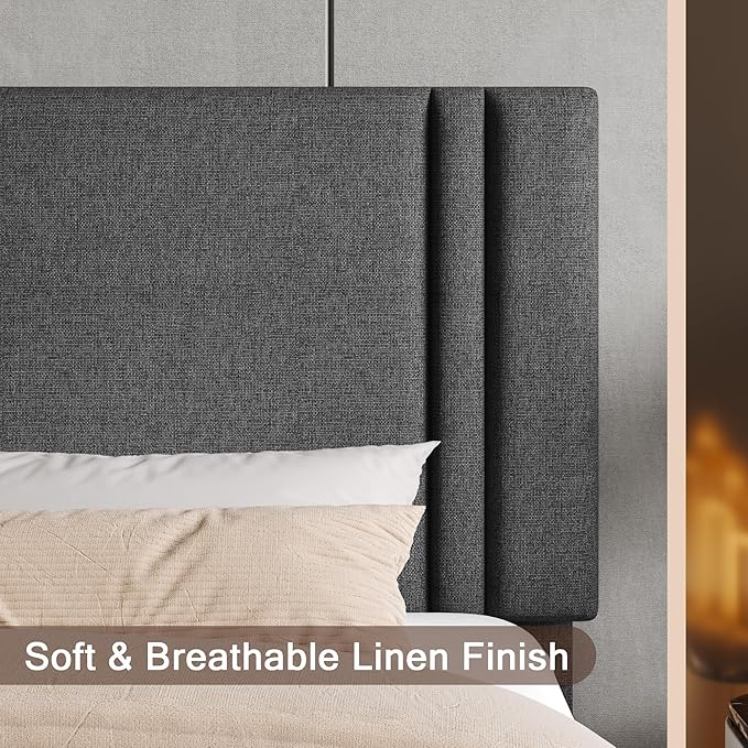 Upholstered Queen Size Bed Frame with Linen Fabric Headboard, Strong Wooden Slats Support, Noise Free, No Box Spring Needed, Dark Grey
