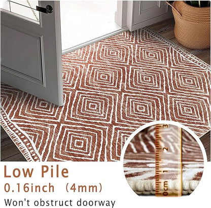 5x7 Area Rugs - Ultra-Thin Washable Rug with Non-Slip Backing, Ideal for Living Room, Bedroom, Kitchen Floor Carpet - Western Style, Easy Clean, Durable, Brown Red
