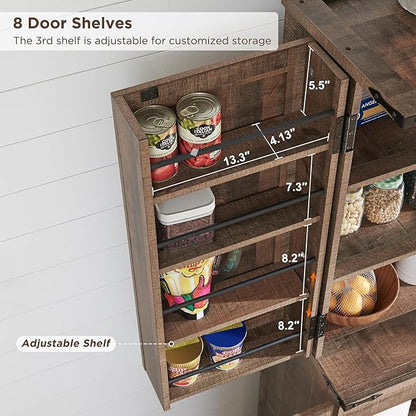 ACCOHOHO 72" Tall Kitchen Pantry, Farmhouse Storage Cabinet with Barn Doors, Organizer, Drawer and Adjustable Shelves, Rustic Wood Cupboard for Kitchen, Dining Room, Bathroom, Rustic Brown