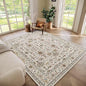Washable 5x7 Area Rugs for Living Room, Boho Non-Slip Vintage Distress Rugs for Bedroom Dining Room Nursery Office, 0.3" Neutral Oriental Throw Thin Carpet with Cushioning Pad, Beige/Rust/Green/Multi