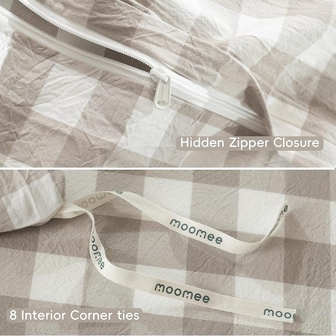 MooMee Gingham Duvet Cover Set 100% Washed Cotton Linen Like Textured Breathable Durable Soft Comfy Modern Checkered Design (Buffalo Plaid Tannish Linen Grey, Oversized Full 82"x86")
