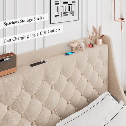 iPormis Full Size Bed Frame with 4 Storage Drawers, Upholstered Platform Bed Frame with Type-C & USB Ports, Wingback Storage Headboard, Solid Wood Slats, No Box Spring Needed, Beige