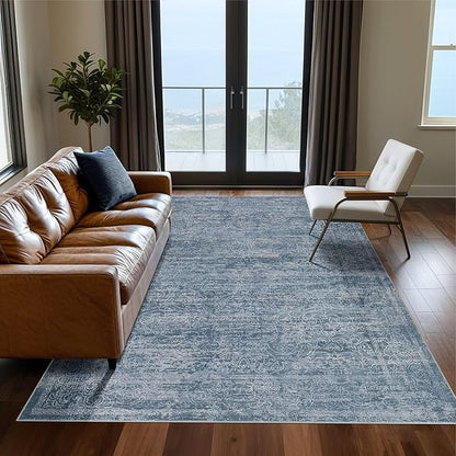 Area Rug Living Room Rugs - 5x7 Large Soft Indoor Neutral Modern Abstract Low Pile Washable Rug Carpet for Bedroom Dining Room Farmhouse Home Office - Dark Blue