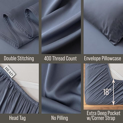 Bella Coterie Luxury Bamboo Viscose Queen Size Sheet Set | 100% Organically Grown | Ultra Soft | Cooling for Hot Sleepers | 18" Deep Pocket [Slate Blue]