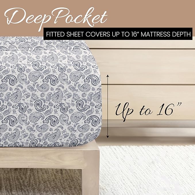 Linen Market Double-Brushed Patterned Microfiber California King Sheet Set 4 Piece – OEKO-TEX Certified Ultra Soft & Wrinkle-Free - 16" Deep Pocket Sheets Easy Care Cal-King Size - Coarse Paisley Navy