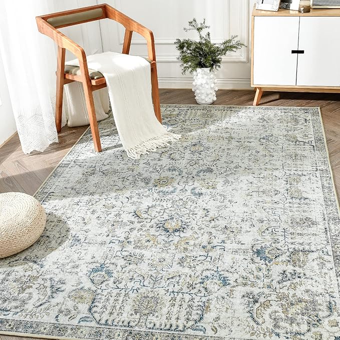 jinchan Kalen Area Rug 4x6 Washable Bedroom Rug Vintage Indoor Thin Floor Cover Retro Accent Mat Distressed Floral Country Boho Non Slip Carpet for Living Room Kitchen Dining Room Office Blue Multi