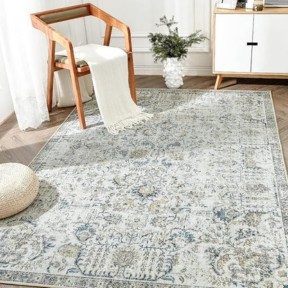 jinchan Kalen Area Rug 4x6 Washable Bedroom Rug Vintage Indoor Thin Floor Cover Retro Accent Mat Distressed Floral Country Boho Non Slip Carpet for Living Room Kitchen Dining Room Office Blue Multi