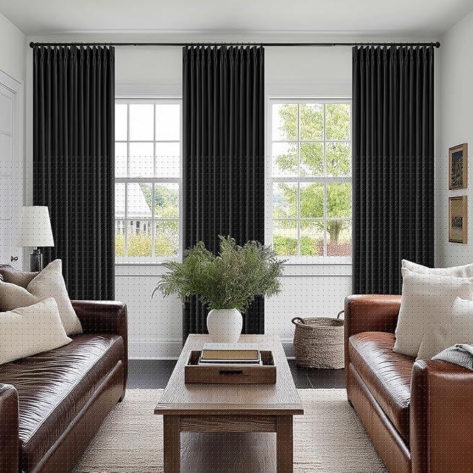Black Linen Blackout Pleated Curtains 90 Inches Long for Living Room Darkening Pinch Pleat 100% Black Out Drapes Thermal Insulated Soundproof Midnight Black 90 Inch Curtain Panel for Dining Bedroom