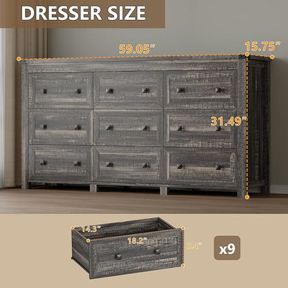 9-Drawer Dresser, Modern Wooden Storage Chest of Drawers, Dresser TV Stand, Wood Drawer Organizer with Metal Handles for Bedroom, Living Room, Hallway