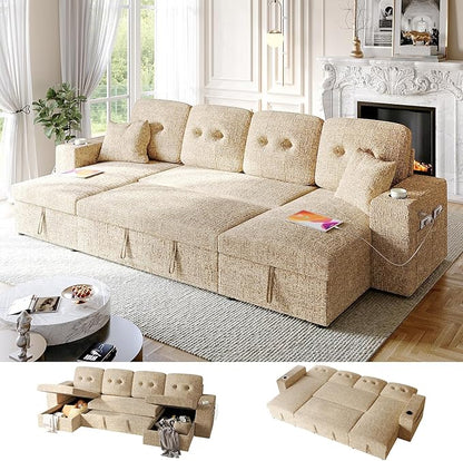 117" Sleeper Sofa Bed, U-Shaped Sofa with Dual Reversible Storage Chaise | Adjustable Backrest | Wide Armrest, Sectional Couches for Living Room, 4 in 1 Pull Out Couch Bed, Khaki Chenille