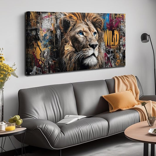JuhaiArt Graffiti Wall Art Lion Picture Brown Wall Decor Animal Wall Art Canvas for Living Room Bedroom Home Office Prints Colorful Artwork 24" x 48"