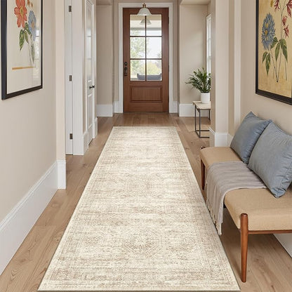 Runner Rug 2'6" x 10' Washable Non-Slip Runner Rugs for Kitchen Bathroom Laundry Room Vintage Ultra Thin Runners for Hallway Entryway Beige