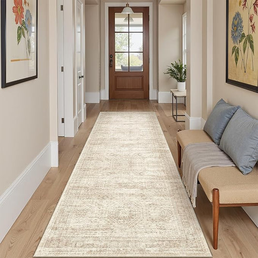 Runner Rug 2'6" x 10' Washable Non-Slip Runner Rugs for Kitchen Bathroom Laundry Room Vintage Ultra Thin Runners for Hallway Entryway Beige