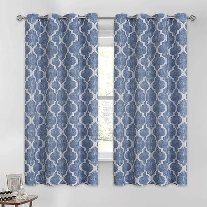 Beauoop 100% Blackout Curtains 54 Inches Long 2 Panels for Bedroom Living Room Blue Moroccan Geo Room Darkening Thermal Insulated Soundproof Grommet Top Window Treatments Drapes, 50x54 Set of 2