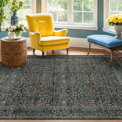 Dark Green Floral Living Room Rug 5x7 Area Rug - Vintage Forest Washable Mat for Dining Room, Bedroom, Low Pile Non Slip Stain Resistance Distressed Retro Indoor Boho Carpet (5x7 Dark Green)