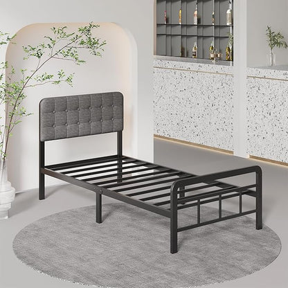 12 Inch Twin Bed Frames with Upholstered Headboard and Metal Footboard, No Box Spring Needed, Heavy Duty Twin Metal Mattress Foundation, Noise Free, Easy Assembly