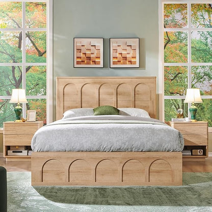 ACCOHOHO Queen Size Bed Frame Modern with 52" Tall Arched Recessed Headboard and 4 Drawers, Solid Wood Slats Support, Wood Platform, Noise Free, No Box Spring Needed, (Natural Oak)